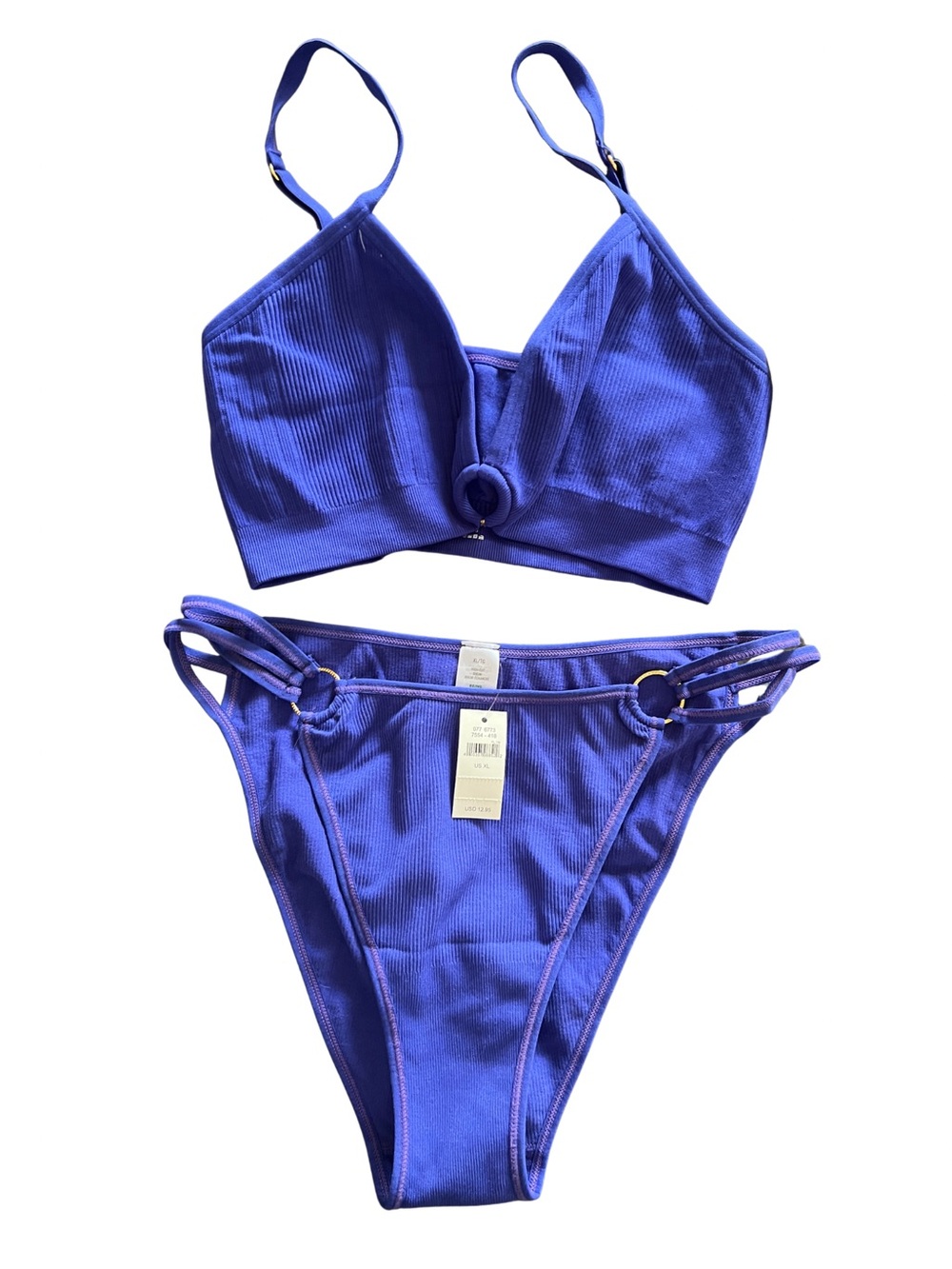 Women’s Blue Ribbed Ring-Detail Lounge Set Aerie L bra XL bottom